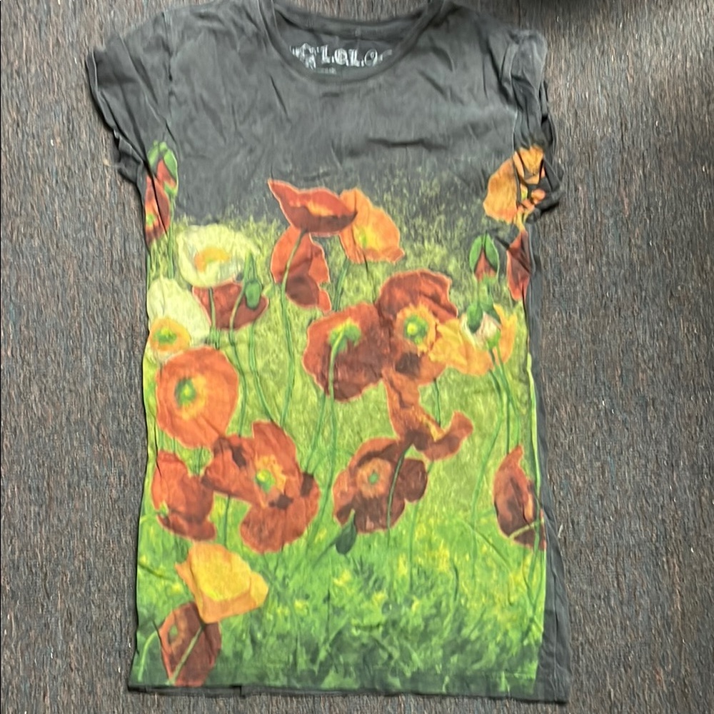 Vibrant Green and Orange Poppy print Short Sleeve Tee LOL Vintage M